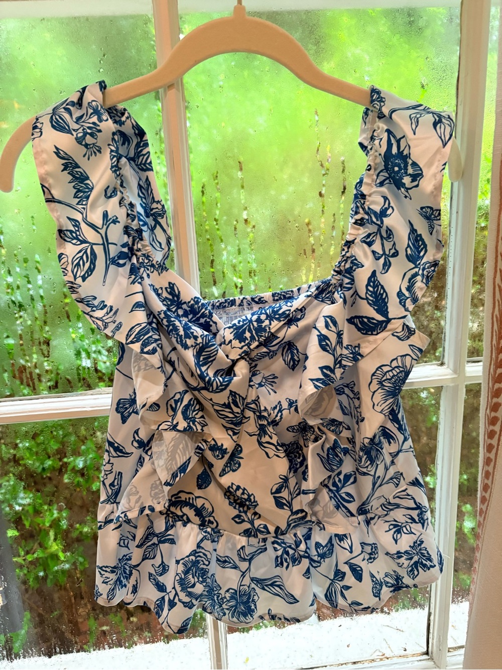 Cake for Dinner brand. Blue Floral Ruffle Tank Top